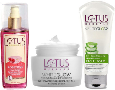 LOTUS HERBALS Rosetone Toner 100ml & Whiteglow Nourishing Night Creme 40g & Whiteglow 3 in 1 Facial Foam 100g(3 Items in the set)