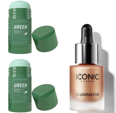 INDIANA HUDA ORIGINAL(Champagne Shimmer)Iconic illuminator highlighter AND 2 PCS Green Cleansing Mask Stick For Face Oil Control & Anti-Acne(3 Items in the set)