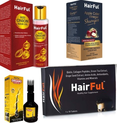 HairFul Hair Fall Solution with Red Onion Hair Oil + Apple Shampoo + 10 Tablets + Organo Hair Oil for Hair Fall Control(4 Items in the set)