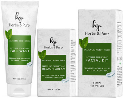 Herbs and Pure Skincare Combo - Intense Purifying Neem Facial Kit, Face Wash and Bleach(3 Items in the set)