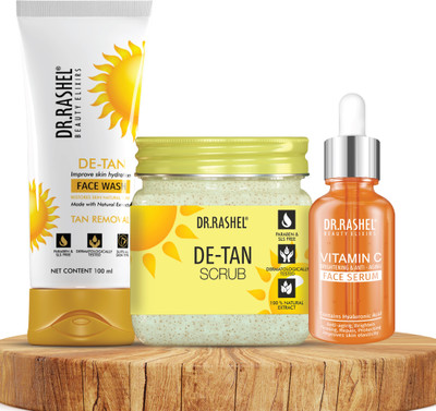 DR.RASHEL De Tan scrub, De Tan Face Wash & Vitamin C Serum combo for Instant Glow & Tan Removal(3 Items in the set)