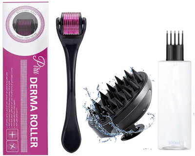 Piru Microneedle Derma Roller System with Scalp Massager Brush & 100ml Refillable Empty Serum Bottle(1 Items in the set)