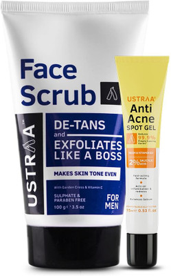 USTRAA Face Scrub De-Tan - Effective Tan Removal & Anti-Acne Spot Gel with Neem(2 Items in the set)