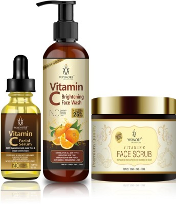 WAYMORE Vitamin C skin care kit, Vitamin C Facial Serum-30ml, Vitamin C Brightening Face wash-200ml and Vitamin C Face Scrub-120ml, for Spot-less and Bright Skin(Pack of 3)(1 Items in the set)