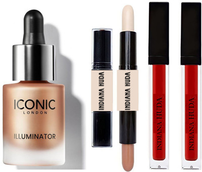 INDIANA HUDA ORIGINAL(Champagne Shimmer) illuminator highlighter & Dual-Ended, 2IN1 Contour Stick & 2 PCS Long Stay Matte Liquid Lipstick-Red(4 Items in the set)