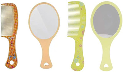 feelhigh Yellow And orange Mini Hair Comb For Hair Styling With Hand Mirror For Makeup, Comb With Mirror(2 Items in the set)