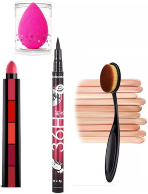 SHEFFO Eyeliner + Matte 5in1 Lipsticks + Pack of 1 Puff + Oval Foundation Brush(4 Items in the set)
