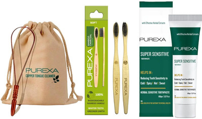 PUREXA Oral Combo – Sensitivity Toothpaste + Copper Tongue Cleaner Q Shape + 2 Charcoal Bamboo Brushes(4 Items in the set)