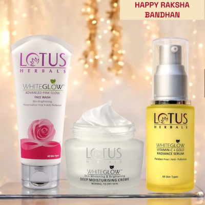 LOTUS HERBALS WHITEGLOW DEEP MOISTURISHING CREME GOLD SERUM PINKGLOW FACEWASH(3 Items in the set)