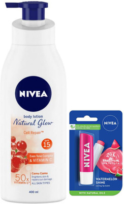 NIVEA Natural Glow Cell Repair Body Lotion 400 ML & Watermelon Shine Lip Balm(2 Items in the set)