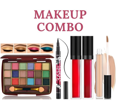 Earthcon Makeup Essentials Kit - 18 Color Eyeshadow Palette, Eyeliner, Red Mahroon Liquid Lipstick, and Concealer(4 Items in the set)