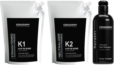 KERAGRAPHY K1 and K2 HAIR RE-BOND Moisturizing & Straightening Hair kit With Free Shampoo(3 Items in the set)