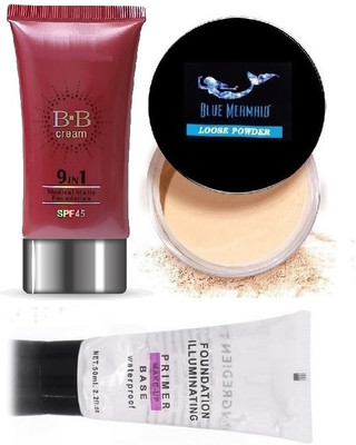BLUEMERMAID NEW BEST MAKEUP 9 IN 1 BB FOUNDATION PRIMER & LOOSE POWDER COMBO KIT(3 Items in the set)