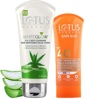 LOTUS HERBALS WhiteGlow 3 In 1 Deep Cleansing Skin Brightening Facial Foam200G with Safe Sun 3 In 1 Matte-Look Daily Sunscreen SPF 40 PA+++75G(2 Items in the set) LOTUS HERBALS WhiteGlow 3 In 1 Deep Cleansing Skin Brightening Facial Foam200G with Safe Sun 3 In 1 Matte-Look Daily Sunscreen SPF 40 PA+++75G(2 Items in the set)