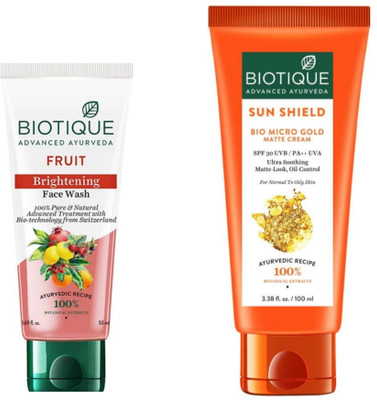 BIOTIQUE Fruit Face Wash 50 ML & Sun Shield Micro Gold Sunscreen Matte Cream 100 ML(2 Items in the set)