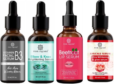 Pink Square Vit-B3 Serum, Elbow-Knee Brightening Serum, Beetroot Lip & Knuckle Serum (Each,30ml)(4 Items in the set)