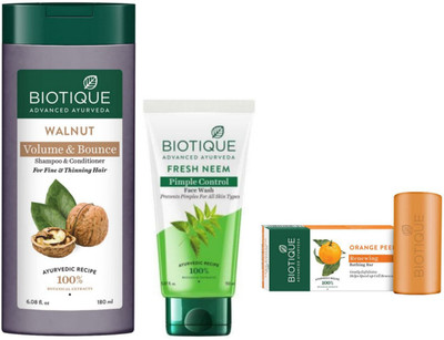 BIOTIQUE Walnut Shampoo 180ml & Fresh Neem F.W. 100ml & Orange Peel Soap 150gm(3 Items in the set)