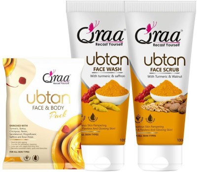 Qraa Ubtan Kit -For glow and brightening | Combo pack of Ubtan facewash 100g, Ubtan scrub 100g & Ubtan pack 50g(3 Items in the set)