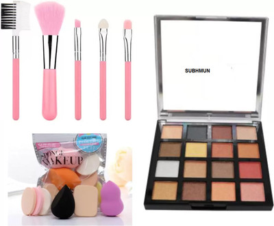 SUBHMUN Makeup Brushes 5 Pcs Set & Pack of 6 Puff With HNH Es-17(2) 16 Colors Eye Shadow Palette(12 Items in the set)