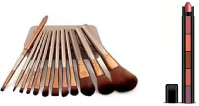 Lenon Beauty Professional Make-Up Brushes Pack of 12 And 5in1 Matte Lipstick Multicolor(2 Items in the set)