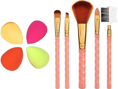 RTB COMBO OF MAKEUP FACE BRUSH SET OF 5 WITH 4 BLENDER SPONGE(9 Items in the set)