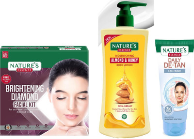 Nature's Brightening Diamond Facial Kit (60g) Nourishing Almond & Honey Body Lotion (400ml) Daily De-Tan Gel Face Wash (50ml)(3 Items in the set)