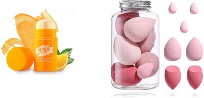 Lusty soul 7in1 Makeup Perfecting Sponge Puff Beauty Blender with Plastic Jar & Mask Stick with Turmeric for Dull & Uneven Skin Supports(8 Items in the set)