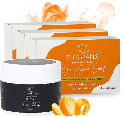 Sharans 1 DeTan Instant Glow & Brightening Cream Face Pack + 3 Kojic Acid Soap with Vitamin C & E (Combo Pack)(4 Items in the set)