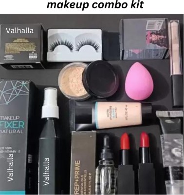 Valhalla face makeup kit serum, fixer, inflammable, foundation, concealer, eyelash, loose powder, puff, combo lipstick(10 Items in the set)