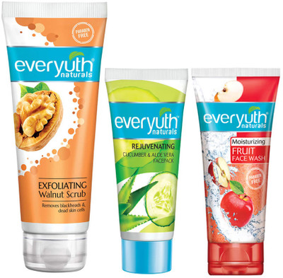 Everyuth Naturals Exfoliting Walnut Scrub (100g), Cucumber & Aloevera Face Pack (50g), Fruit Face Wash (50g)(3 Items in the set)