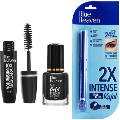 BLUE HEAVEN 10X VOLUMISING MASCARA 8ML+GETBOLD EYELINER 7ML & 2X INTENSE KAJAL0.30G(3 Items in the set)
