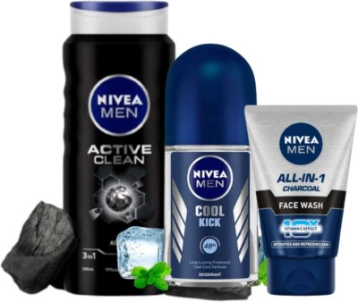 NIVEA COOL KICK ROLL ON 50 ML ACTIVE CLEAN SHOWER GEL 250 ML , ALL IN ONE CHARCOAL FACEWASH 100 ML(3 Items in the set)