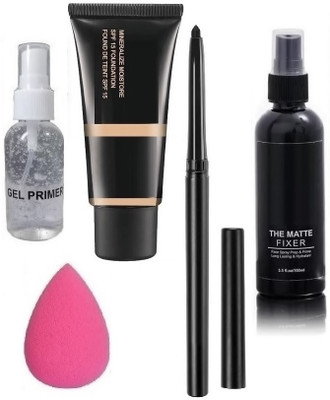 SEUNG LONG LASTING BEST MAKEUP COMBO KIT PRIMER FOUNDATION BLACK CRAYON KAJAL MAKEUP FIXER & BEAUTY BLENDER(5 Items in the set)