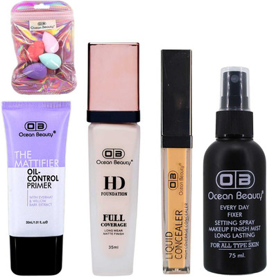 OCEAN BEAUTY Waterproof Primer HD Foundation Concealer Makeup Setting Fixer And Blender Combo Kit Pack Set For Dry Oily Dark Dusky Skin Tone(5 Items in the set)