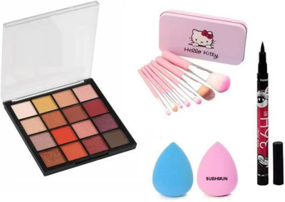 SUBHMUN Eyeshadow Palette with 7 pcs makeup brush set & 2 PCS Puff & 36H Eyeliner(4 Items in the set)