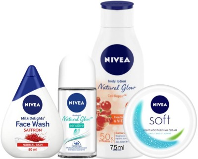 NIVEA Milk Delight Saffron Face Wash 50 ML , Natural Glow Sensitive Roll On 25 ML , Cell Repair Body Lotion 75 ML & Soft Cream 50 ML(4 Items in the set)