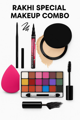 YELGO Rakhi Combo kit Compact ,Eyeliner,eyeshadow ,mascara ,puff, kajal Pack of 6(6 Items in the set)