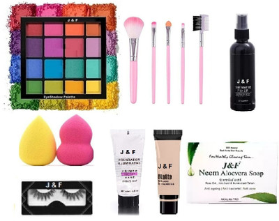 J & F 16 color Eyeshadow Palette,5 pcs makeup brush,Eyelashes,Blender Puff ( Pack of 2(8 Items in the set)