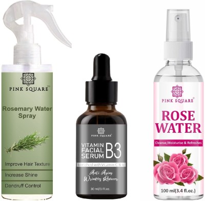 Pink Square Rosemary Water Spray (100ml), Vitamin-B3 Face Serum (30ml) & Rose water (100ml)(3 Items in the set)