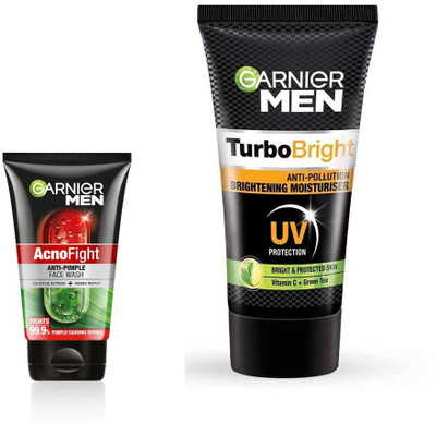 Garnier Men Acno Fight Anti Pimple Facewash 50g + Anti-Pollution TurboBright UV Cream-40g(2 Items in the set)