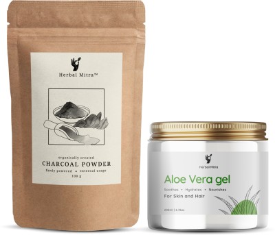 Herbal Mitra Activated Charcoal Powder Aloevera Gel Combo for Face | De-Tan Remover(2 Items in the set)