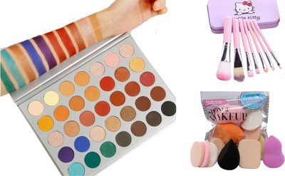 WEEPER 7 Pcs Makeup Brush With Storage Box, 6in1 Makeup Blender Sponges Puff & 35 Colors Jacklyn Eyeshadow Palette(3 Items in the set)