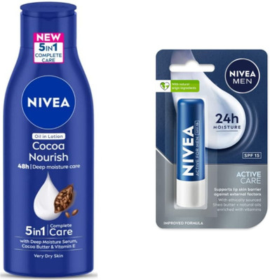 NIVEA Cocoa Nourish 75ml lotion & Active Care lipbalm Set of 2(2 Items in the set)