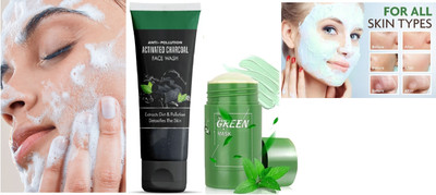 REIMICHI ACTIVATED CHARCOAL FACE WASH WITH GREEN MASK STICK FOR SKINCARE COMBO(2 Items in the set)