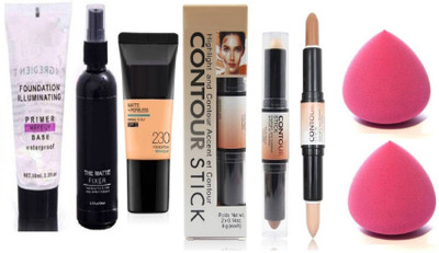 klaty Perfect face makeup combo of contour stick, makeup fixer, primer, foundation with 2 sponge puff(6 Items in the set)