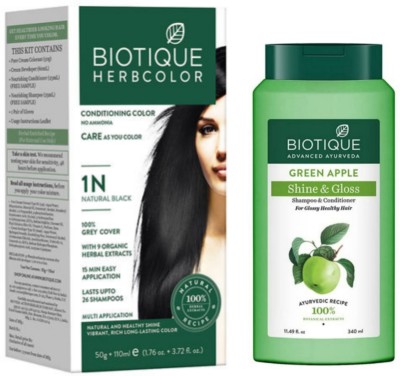 BIOTIQUE Conditioning Hair Color 1N Natural Black & Green Apple Shampoo 340 ML  (2 Items in the set)