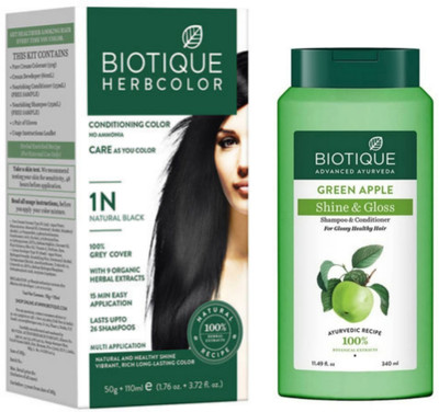 BIOTIQUE Conditioning Hair Color 1N Natural Black & Green Apple Shampoo 340 ML (2 Items in the set)