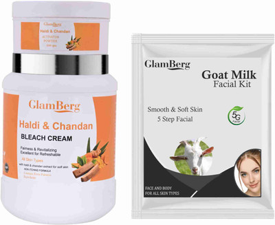 Glamberg Haldi And Chandan Bleach Cream With Activator + Goat Milk Facial Kit 5 in 1(2 Items in the set)