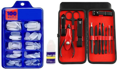 ROODILES Artifcial & Fake White Nails with Nail Glue & 12 in 1 Manicure Pedicure Kit | Nails Extension Combo(3 Items in the set)