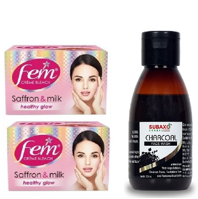 Fem CREME BLEACH SAFFRON AND MILK 2 PC EACH 40 GM AND CHARCOAL FACE WASH 100 ML(3 Items in the set)